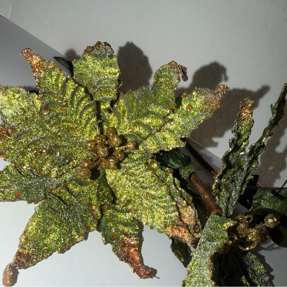 Spray Pick Green METALLIC GLITTER POINSETTIA Christmas LUXURY & GLAM Lot Of 3 - Picture 4 of 7